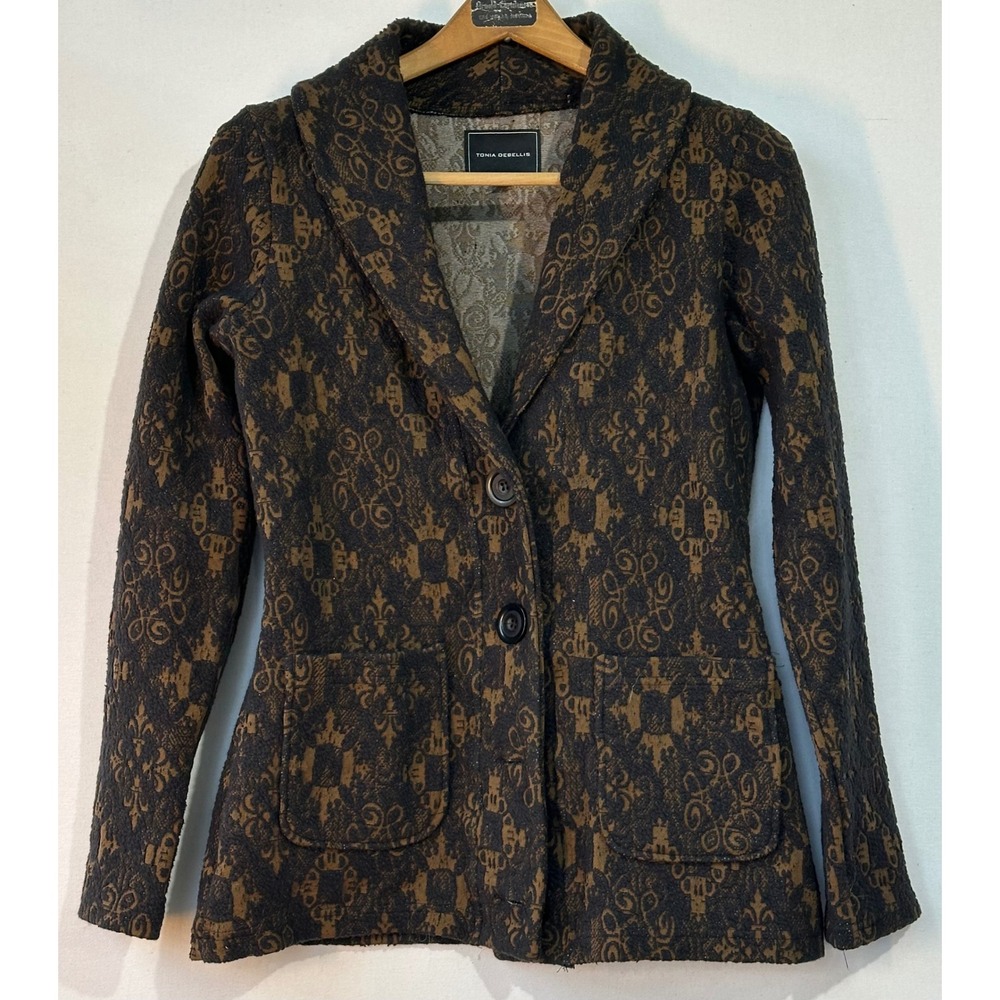 Tonia DeBellis Knit Blazer Jacquard Tapestry Womens Small Brown Black Excellent